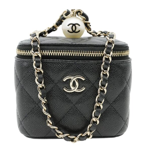 Chanel  Pearl On Top Mini Quilted Caviar Leather Chain Vanity Case Bag Black - Picture 1 of 13